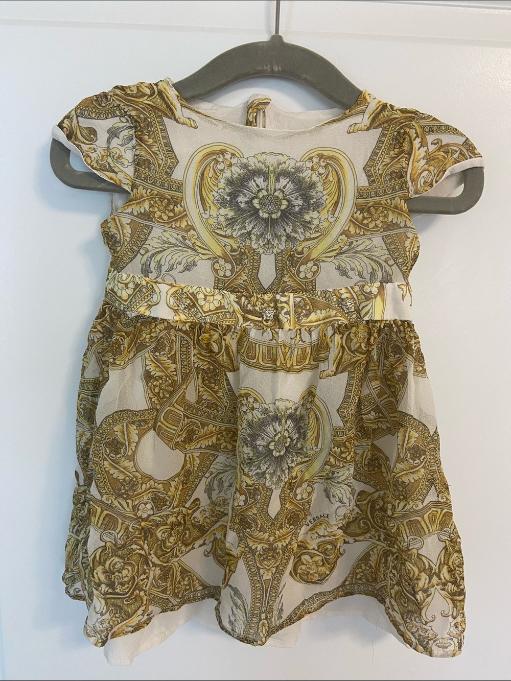 Versace Girls White and Gold Baroque Print Dress